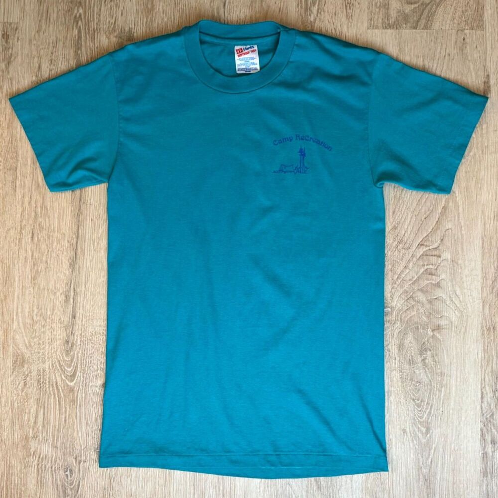 Vintage Hanes Graphic T-Shirt Camp ReCreation Teal Blue Medium Single Stitch Tee